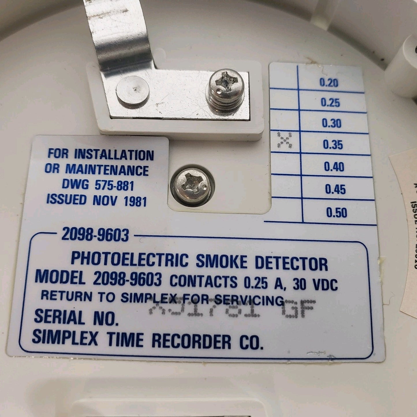 Simplex 2098‐9603 Photo Electric Smoke Detector 477-605 0.25A 30VDC Fire Alert