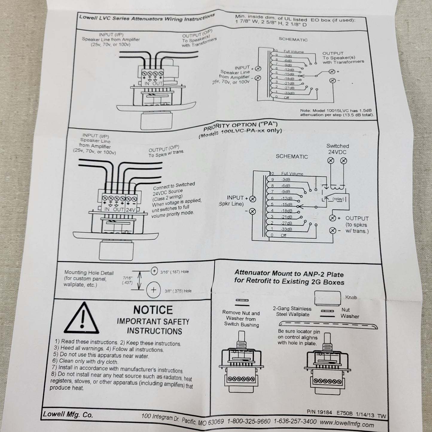 Lowell 100LVCPADA Volume Attenuator Single Gang With Wall Plate 100W 70V/25V