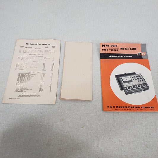 Dyna-Quik 600 Tube Tester Instruction Manual With Diagram Supplemental Materials