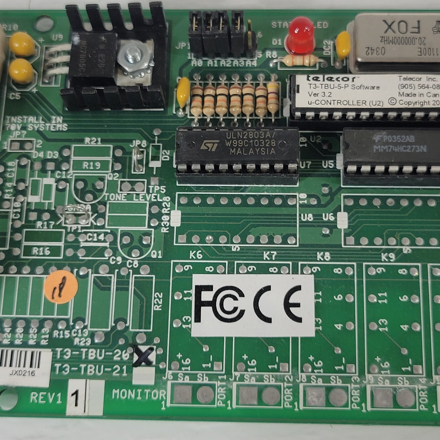 Telecor T3-TBU-5-P Terminal Unit Relay Interface Alarm Control Circuit Board
