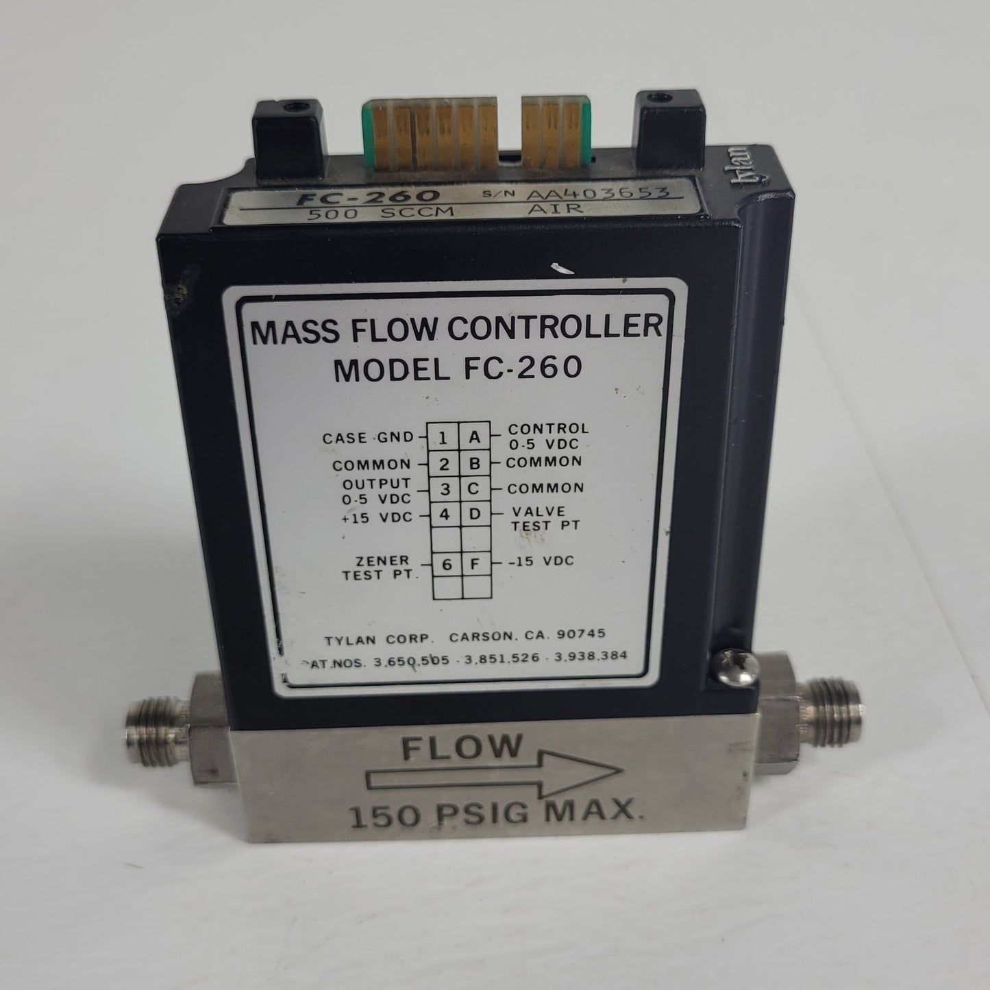 Tylan FC-260 500SCCM Air Mass Flow Controller 150PSIG Flow Max elastomer-sealed