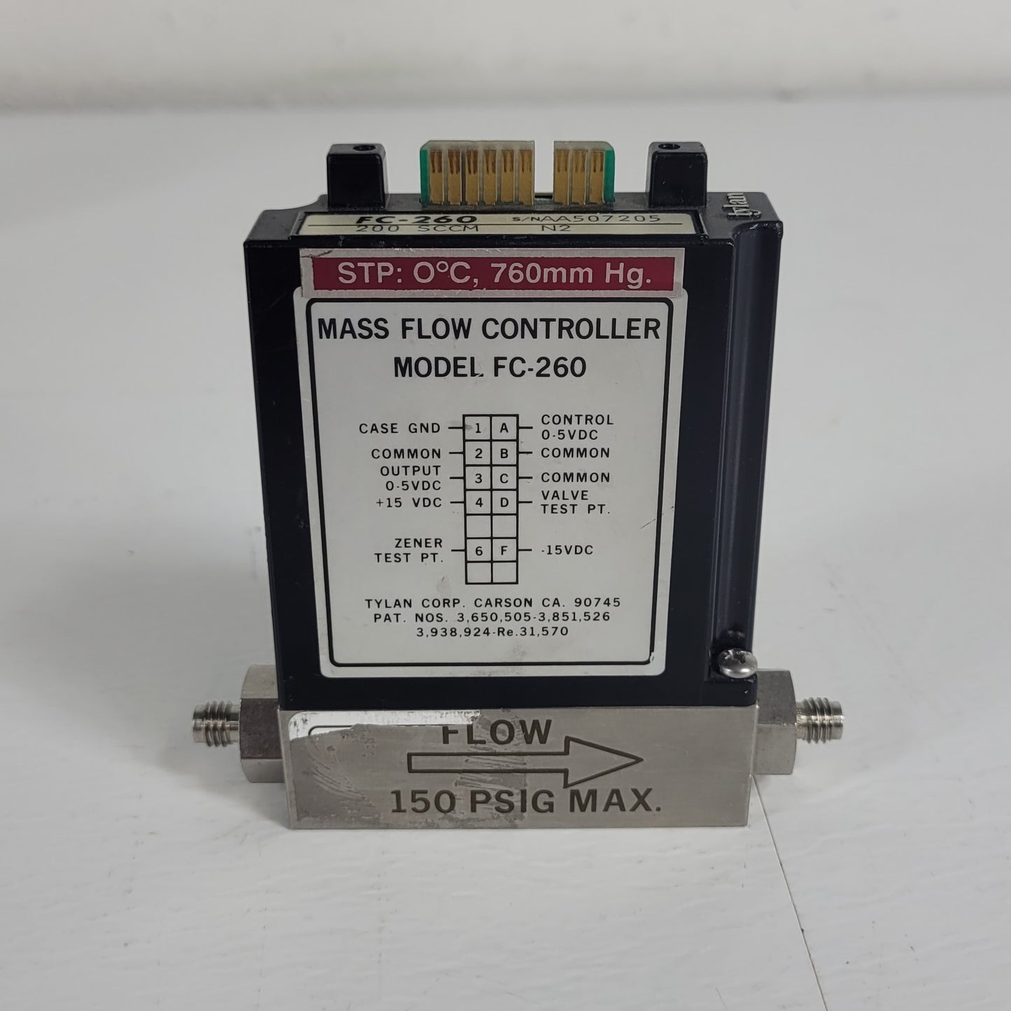 Tylan FC-260 200SCCM N2 Mass Flow Controller 150PSIG Flow Max elastomer-sealed
