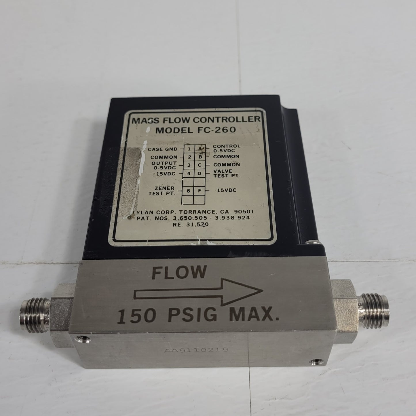 Tylan FC-260V 500SCCM Air Mass Flow Controller 150PSIG Flow Max elastomer-sealed