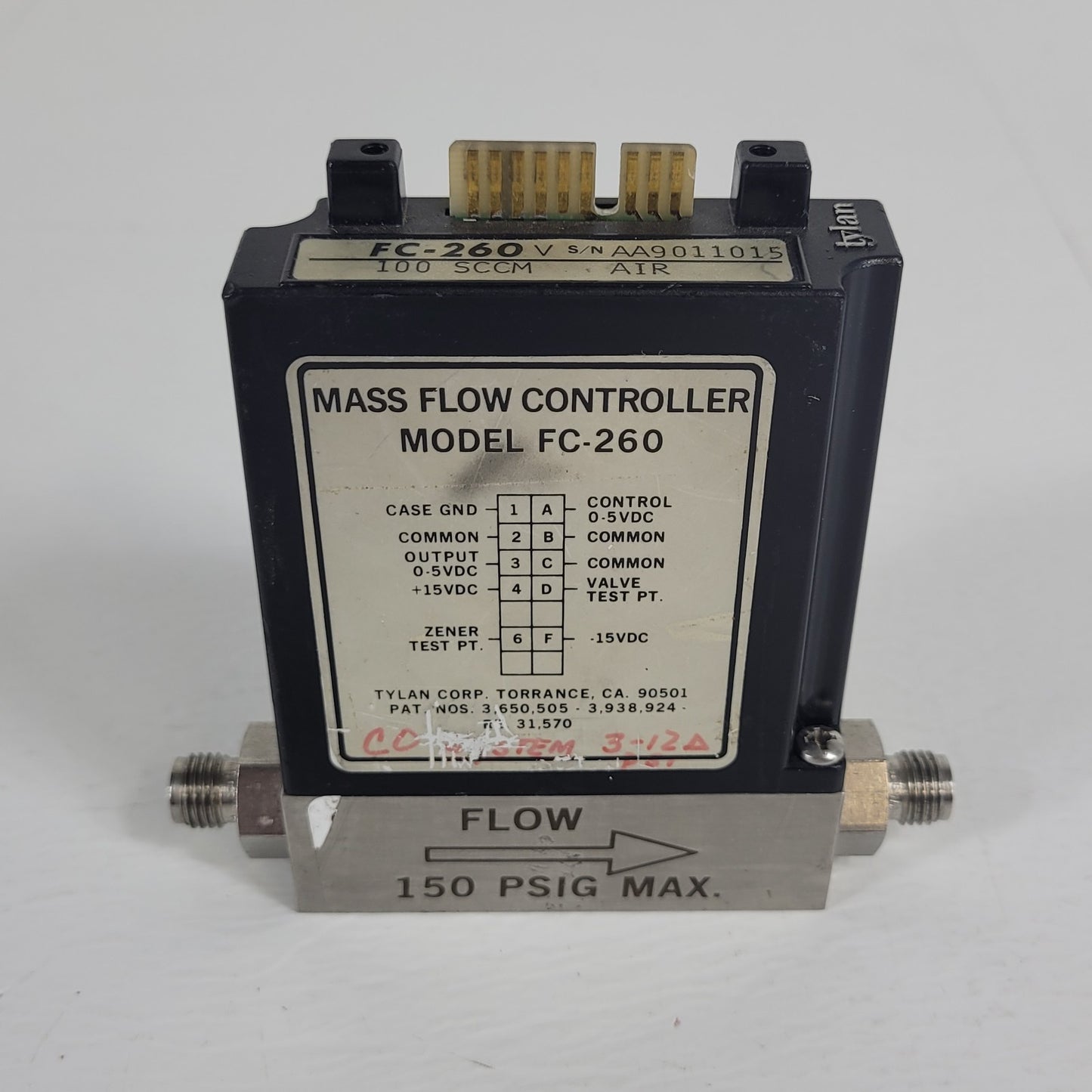 Tylan FC-260V 100SCCM Air Mass Flow Controller 150PSIG Flow Max elastomer-sealed