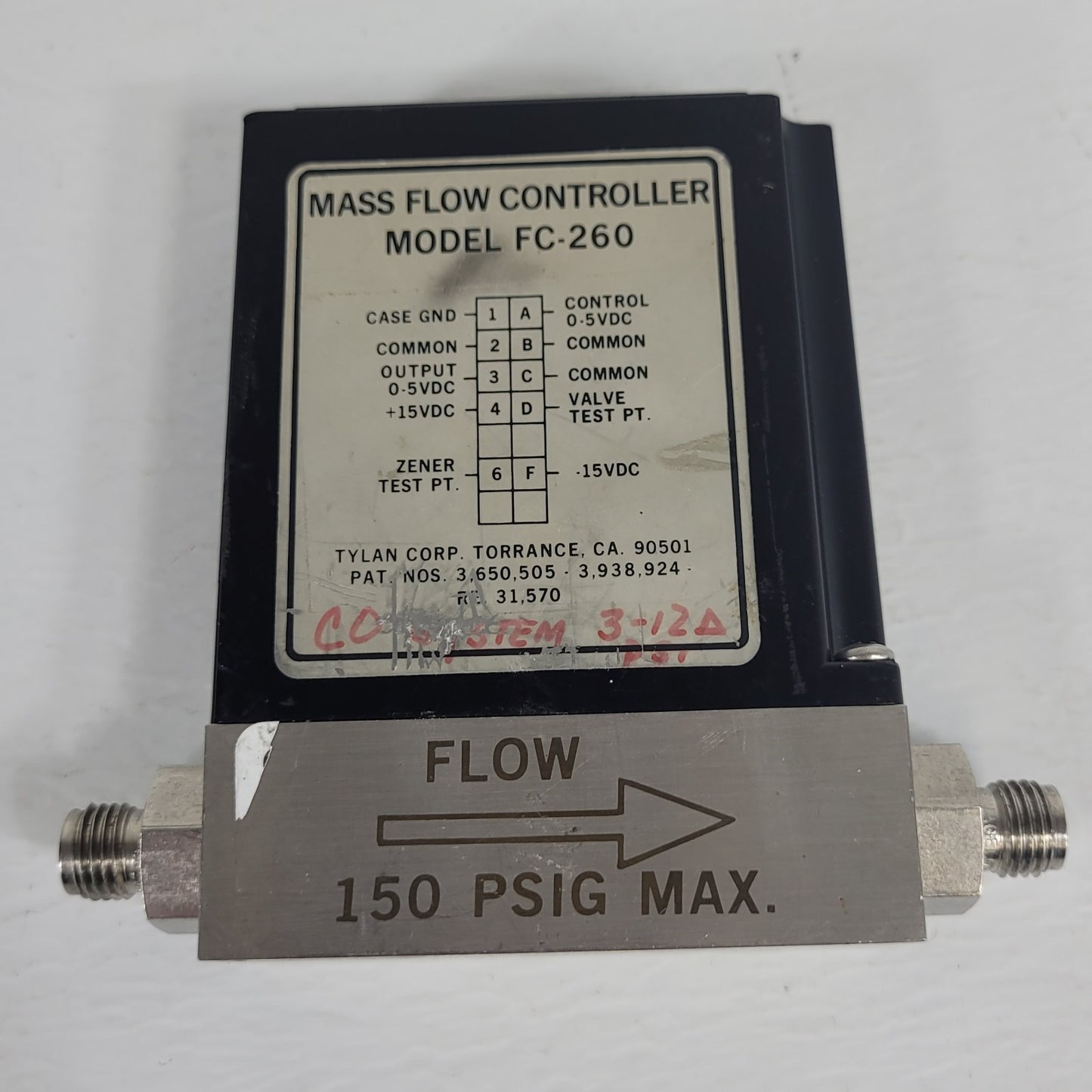 Tylan FC-260V 100SCCM Air Mass Flow Controller 150PSIG Flow Max elastomer-sealed