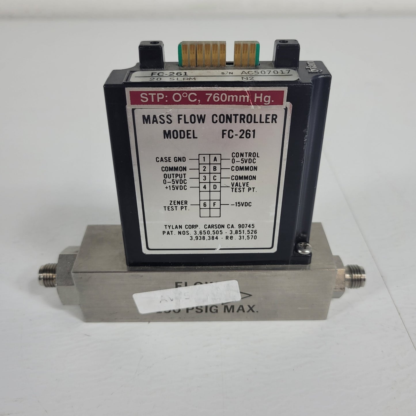 Tylan FC-261 20SLPM N2 Mass Flow Controller 150PSIG Flow Max elastomer-sealed