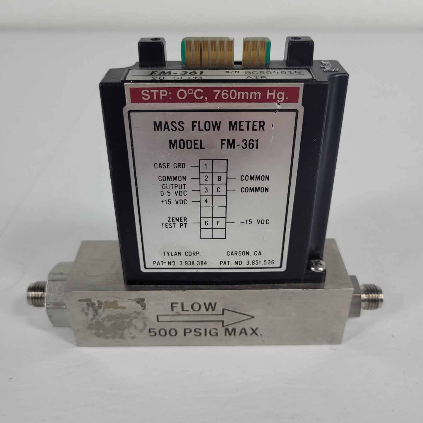 Tylan FM-361 20SLPM Air Mass Flow Controller 500PSIG Flow Max elastomer-sealed