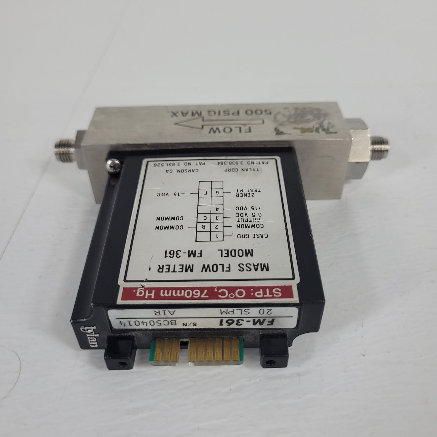Tylan FM-361 20SLPM Air Mass Flow Controller 500PSIG Flow Max elastomer-sealed