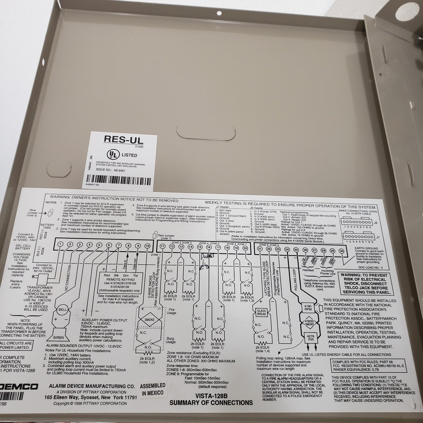 Ademco Control Vista128B Rev 1.3 Fire Alarm Control Board Metal Enclosure FACP