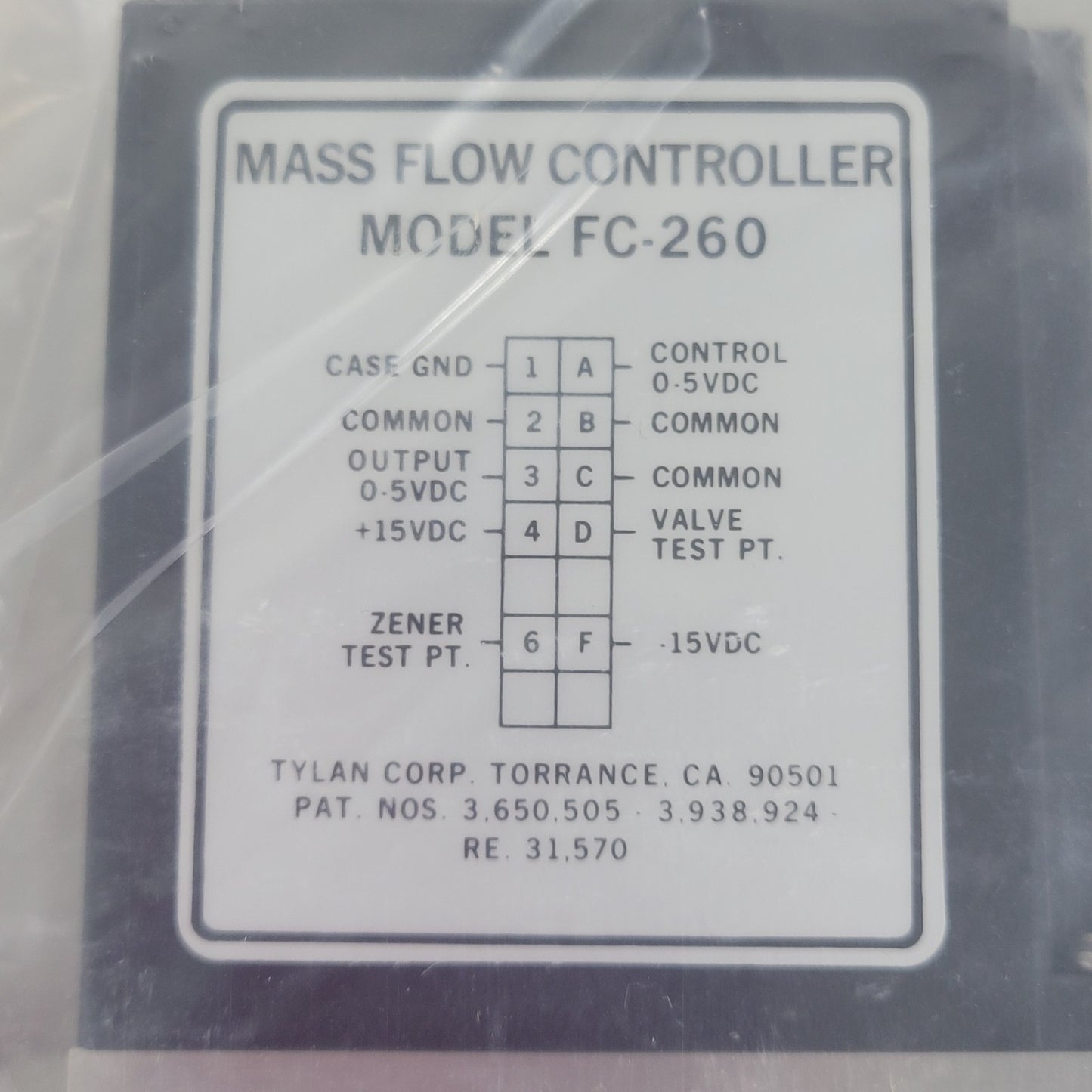 Tylan FC-260 Argon Mass Flow Controller 10SCCM 150PSIG Flow Max elastomer-sealed
