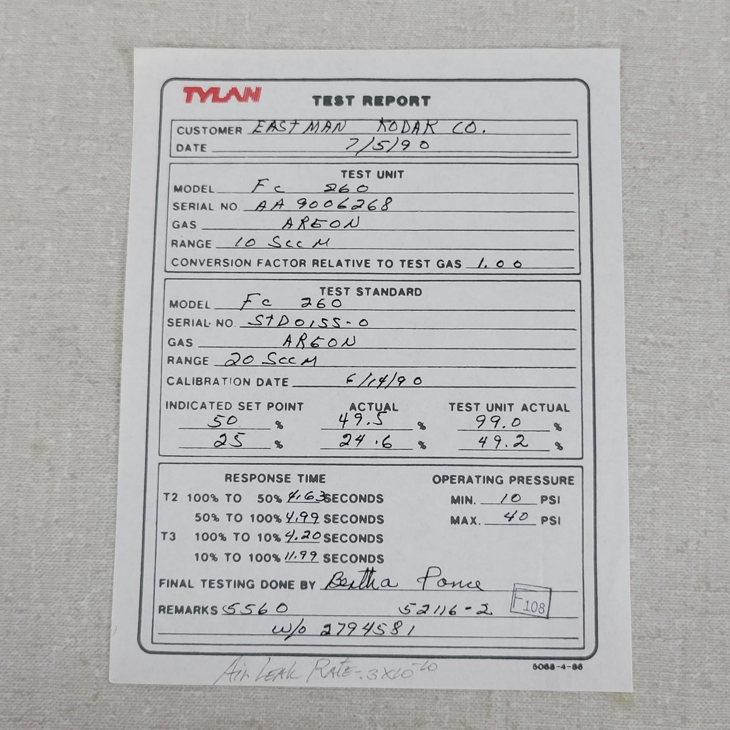 Tylan FC-260 Argon Mass Flow Controller 10SCCM 150PSIG Flow Max elastomer-sealed