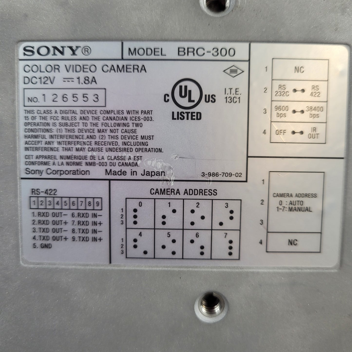 TESTED WORKS Sony BRC-300 Color Video Camera BNC Video Output Black/White PT
