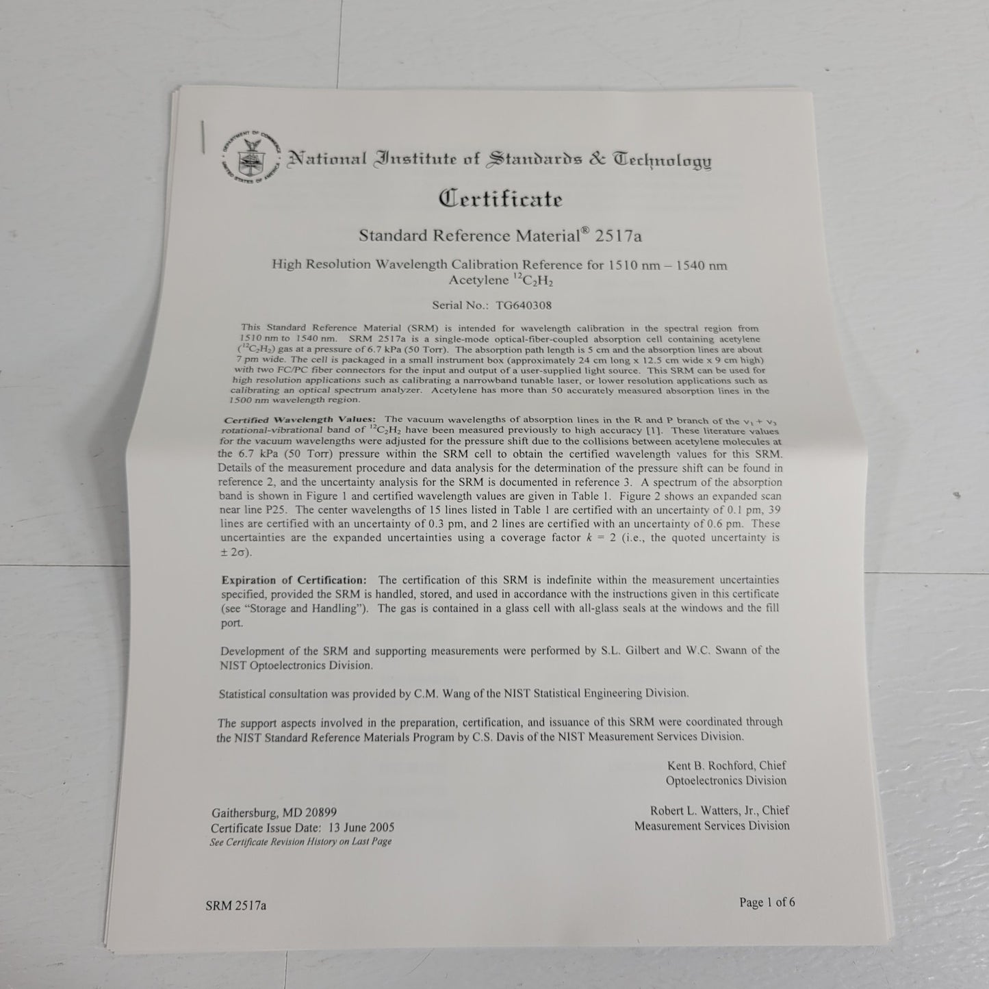 NIST SRM-2517a Hi-Res Wavelength Calibration Reference 1510-1540nm Acetylene