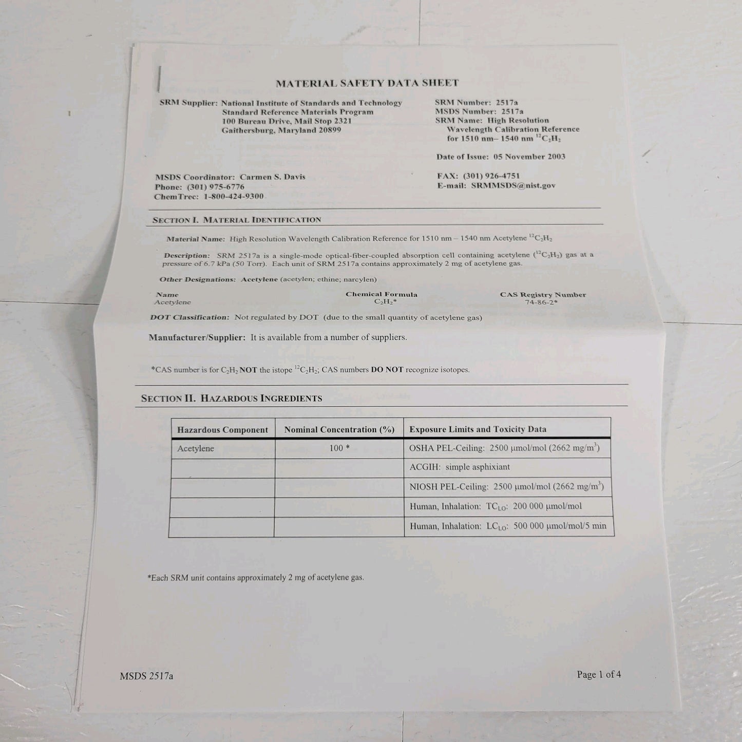 NIST SRM-2517a Hi-Res Wavelength Calibration Reference 1510-1540nm Acetylene