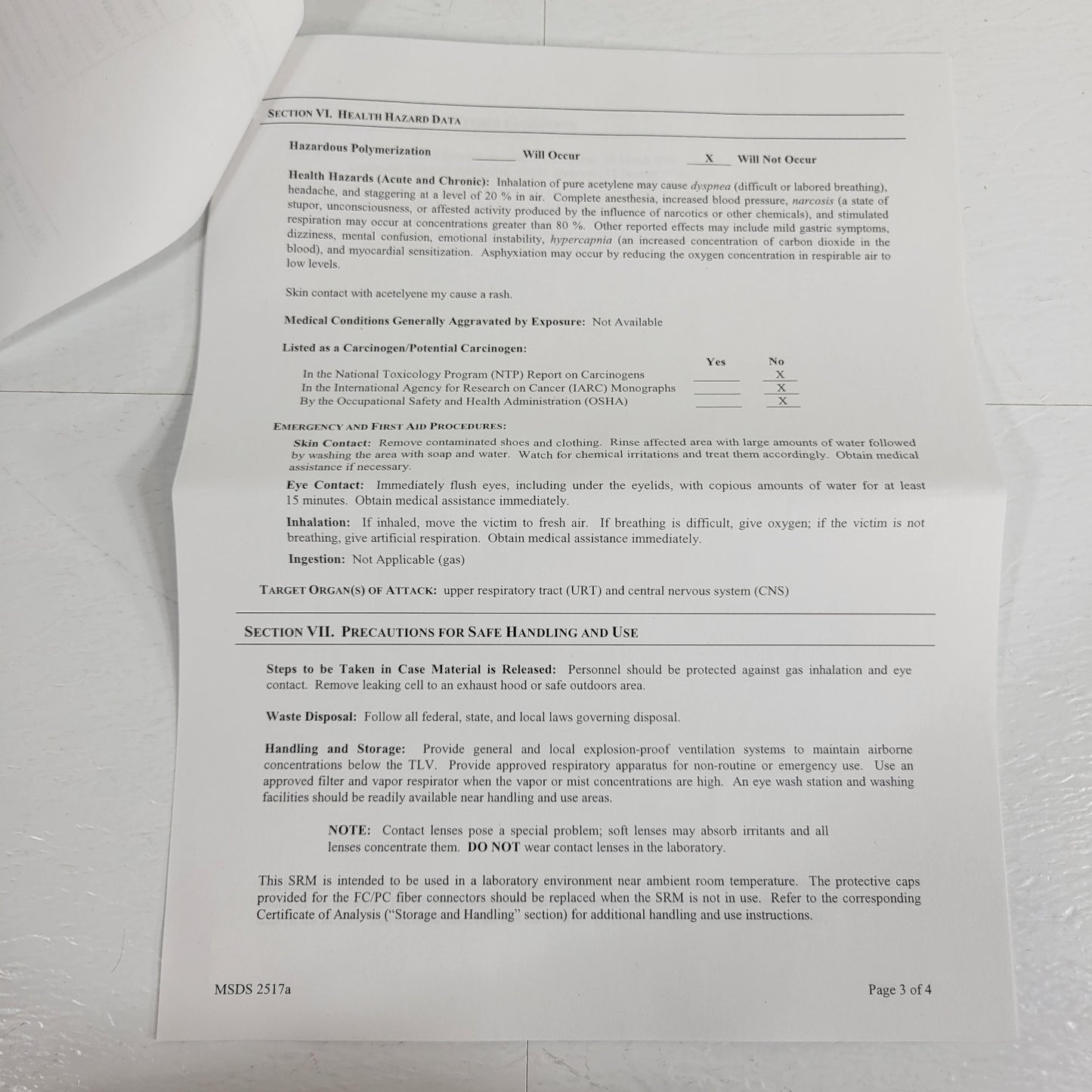 NIST SRM-2517a Hi-Res Wavelength Calibration Reference 1510-1540nm Acetylene