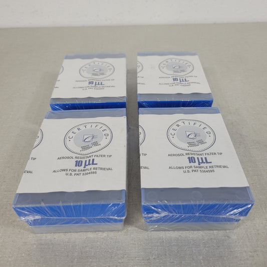 *Lot of 4* CERTIFIED 10µL Aerosol Resistant Filter Pipet Tips Sterile Rack of 96