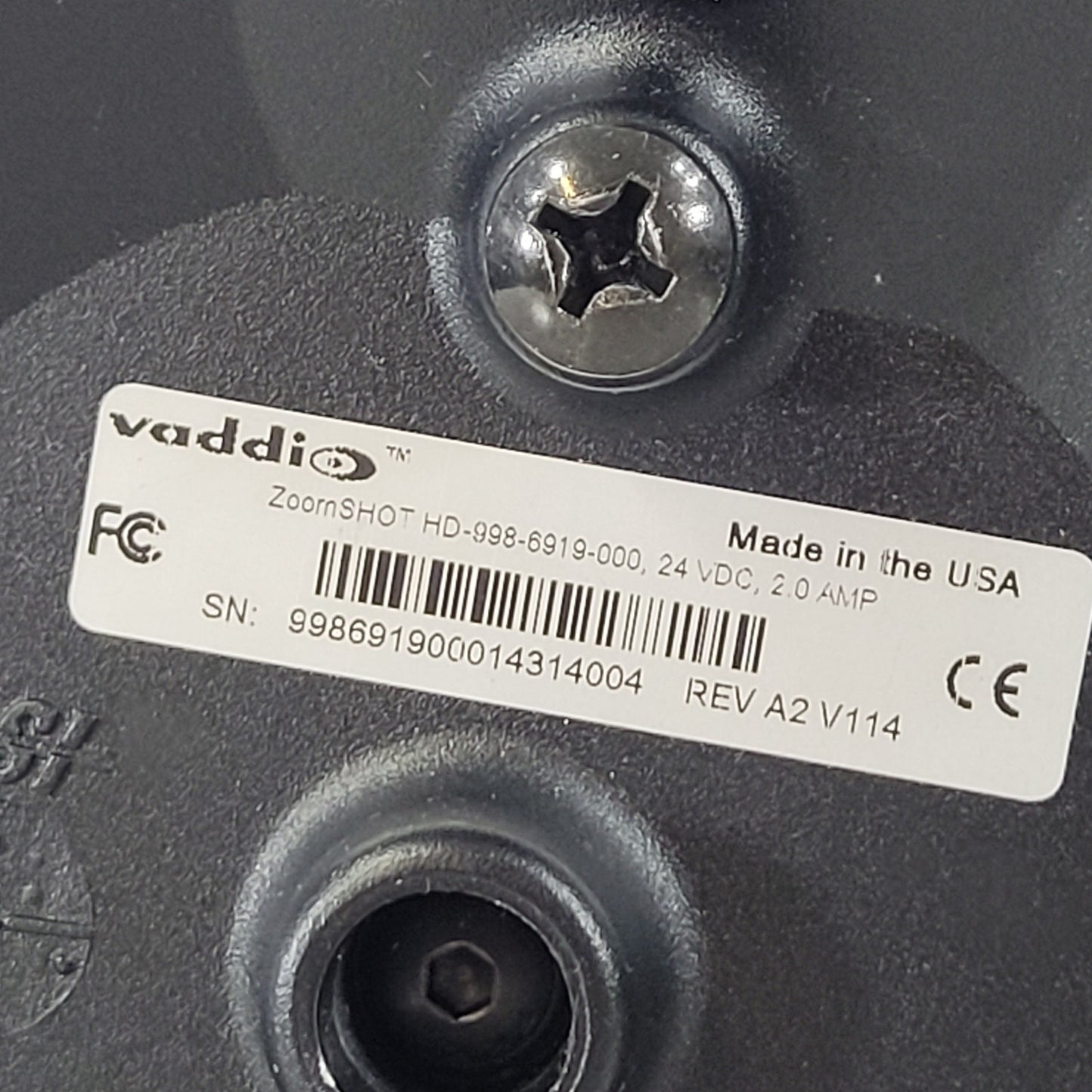 Vaddio ZOOMSHOT HD Camera 998-6919-000 REV A2 V114 24VDC 2.0 AMP Adjustable Base