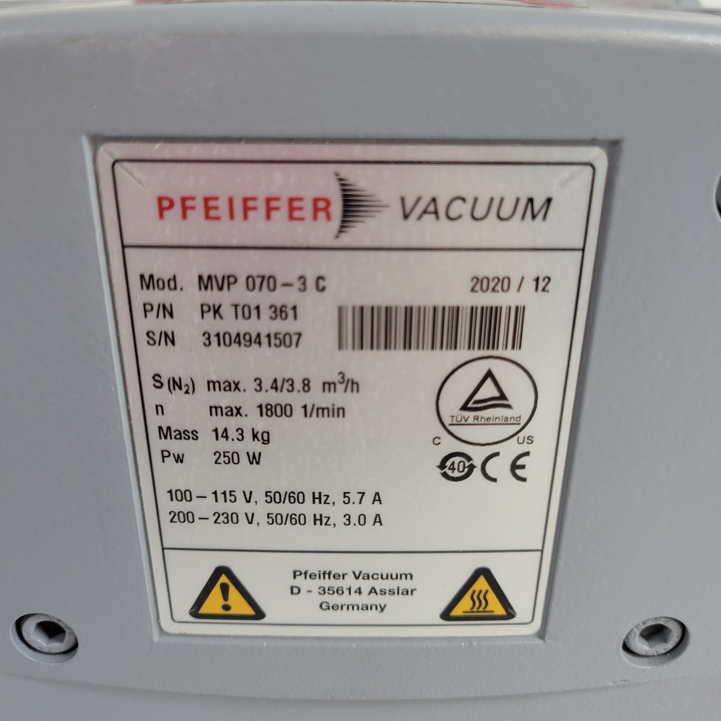 TESTED 1 mBar/750 mTorr Pfeiffer MVP 070-3 C Diaphragm Dry Vacuum Pump Corrosive