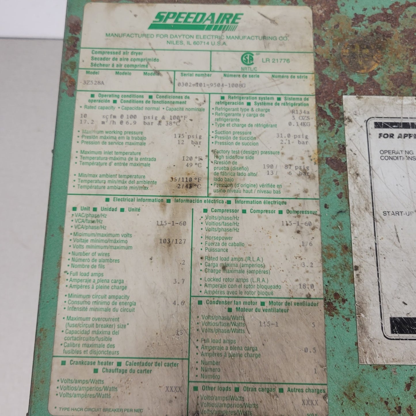 Speedaire Refrigerated Dryer 3Z528A Compressed Air Dryer R134A 100 PSI 10 CFM