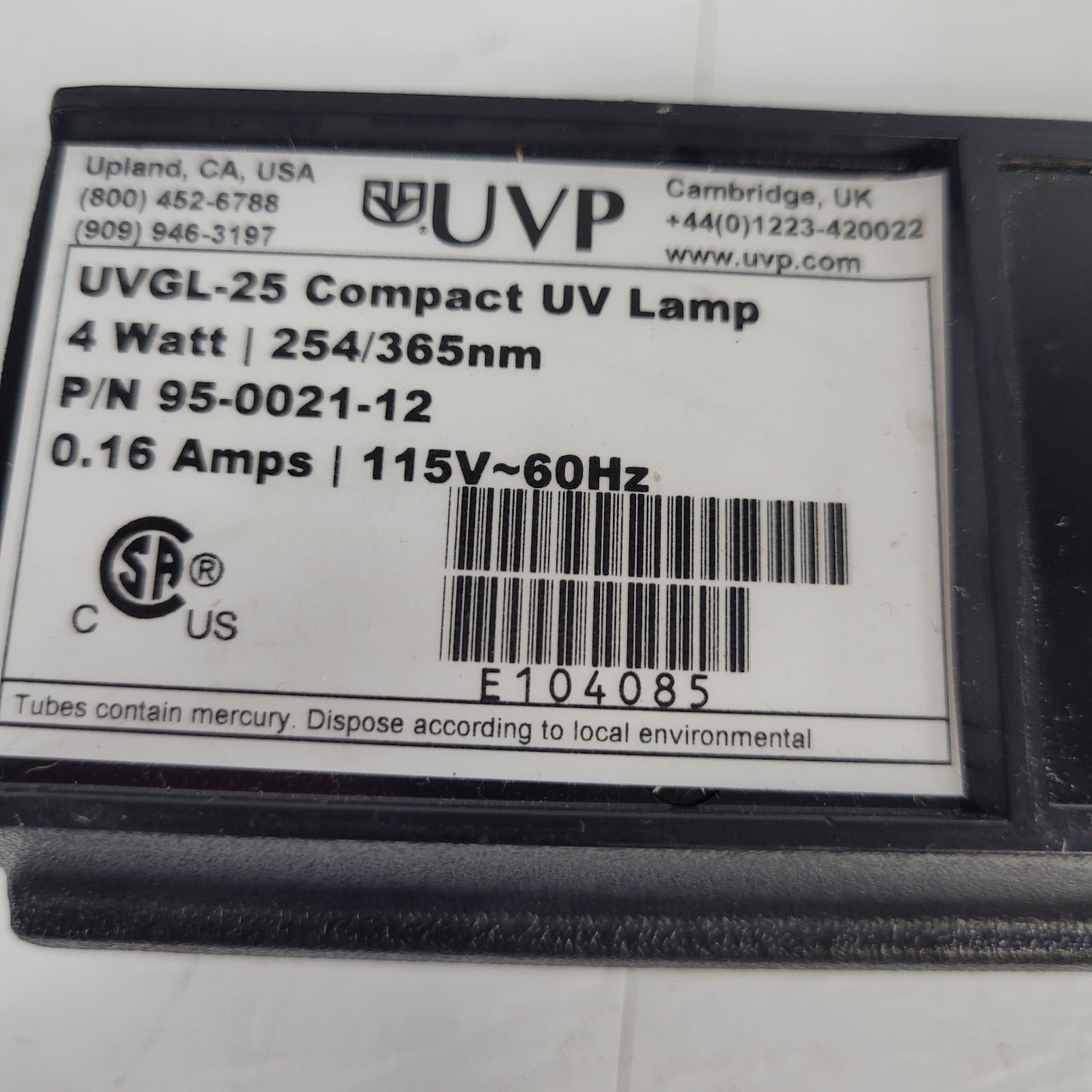 Tested UVP UVGL-25 UV Lamp Dual Wavelength 254/365nm 95-0021-12 .16A 4W
