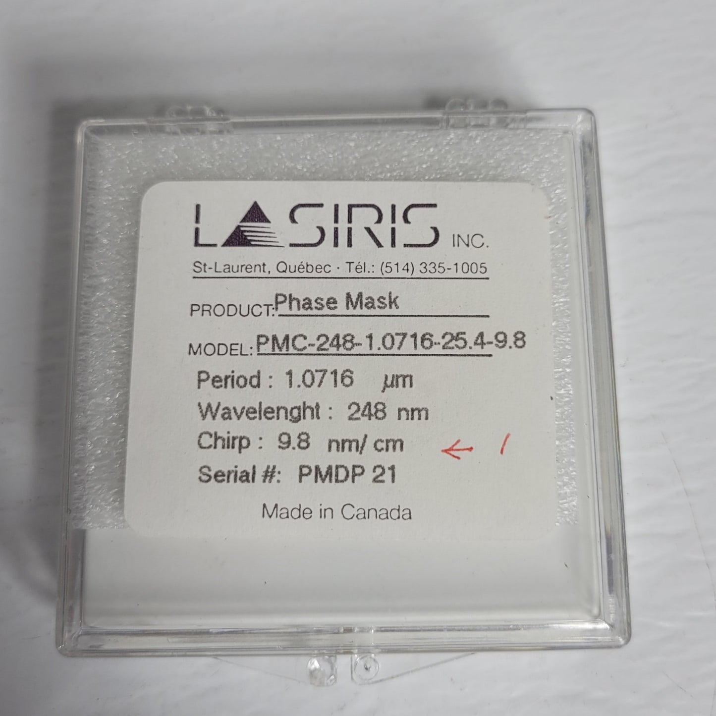 Lasiris PMC-248-1.0716-25.4-9.8 Phase Mask Optical Lens 248nm Wavelength PMDP21
