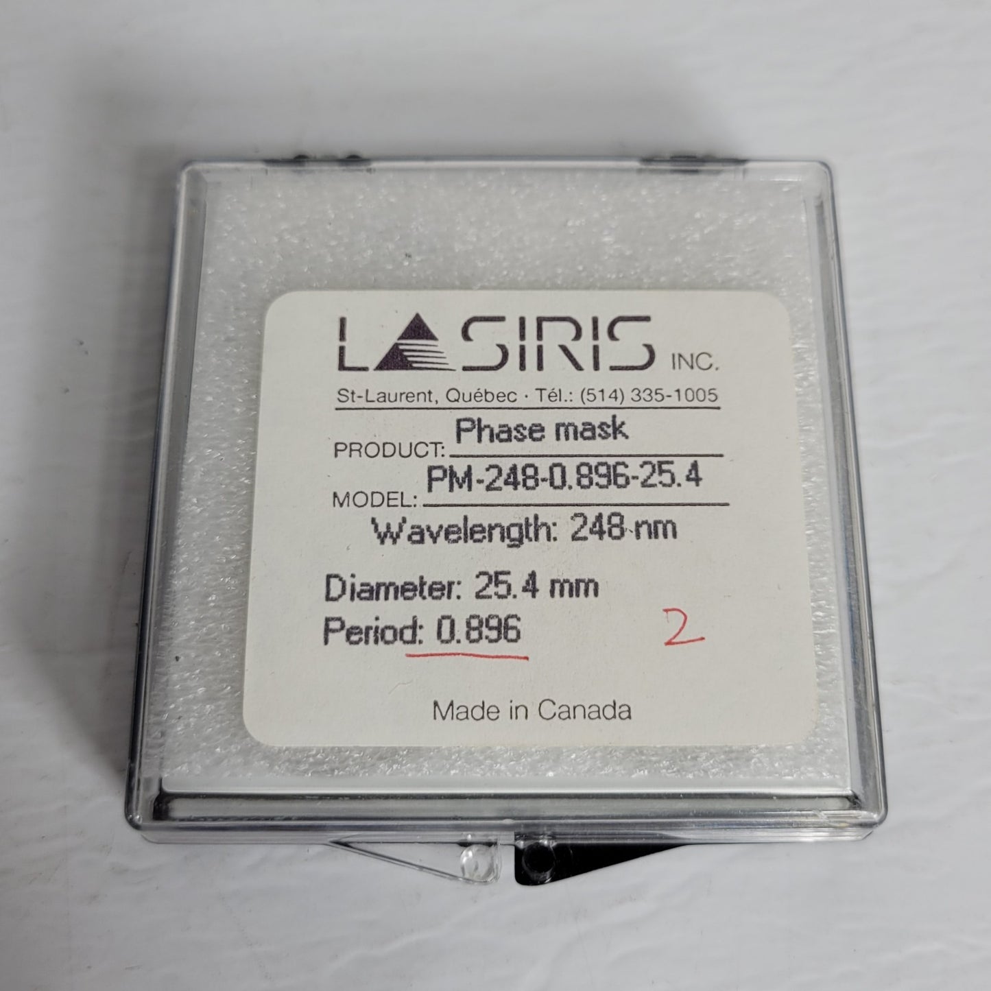 Lasiris PM-248-0.896-25.4 Phase Mask 248nm Wavelength 1" OD 0.896 Per Two Optics
