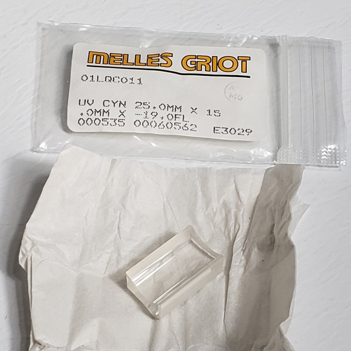 Melles Griot 01LQC011 Optical Glass Convex Lens UV CYN 25mm X 15mm X -19FL Rect