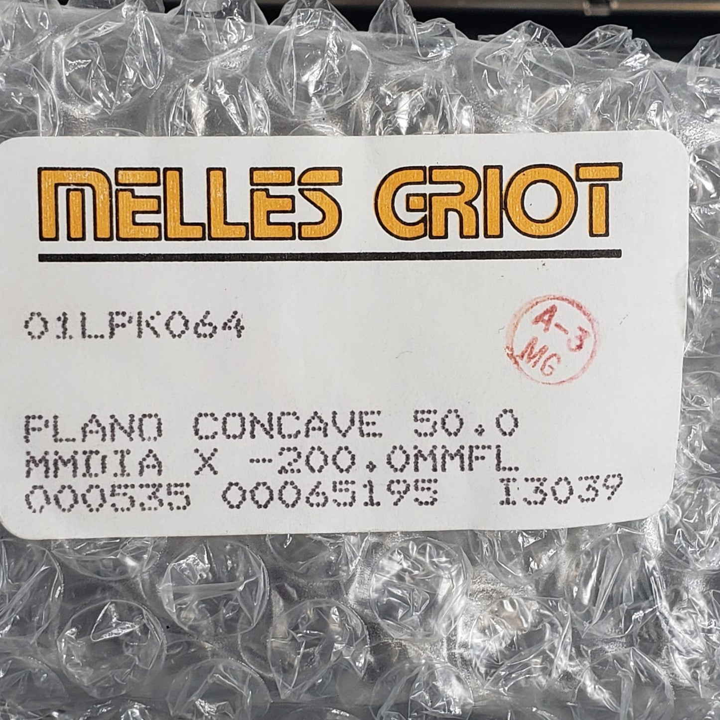 Melles Griot 01LPK064 Plano Concave 50mm Dia x -200mmFL For Optical Applications