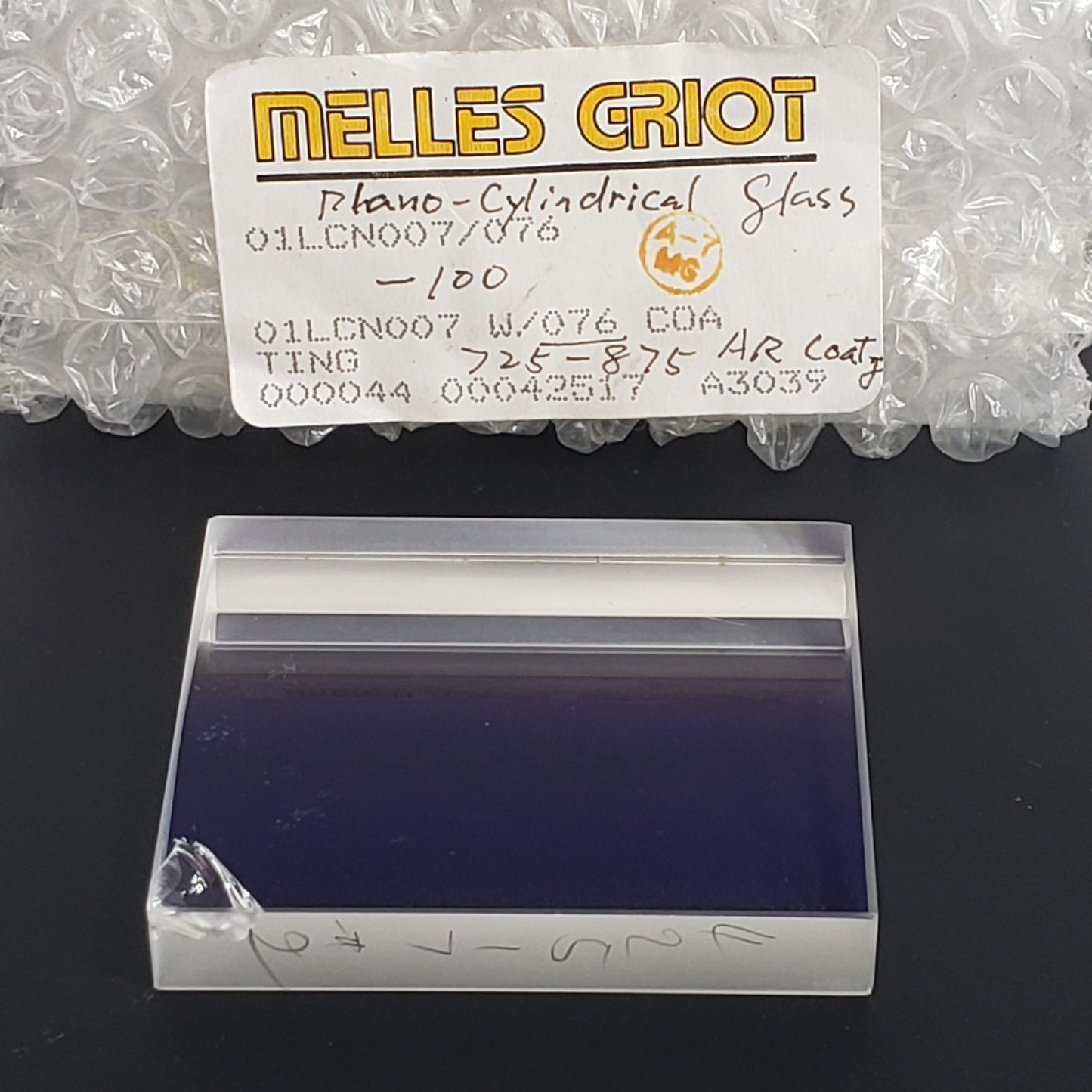 Melles Griot 01CN007/076 Optical Plano Cylindrical Glass COA AR Coating 725-875
