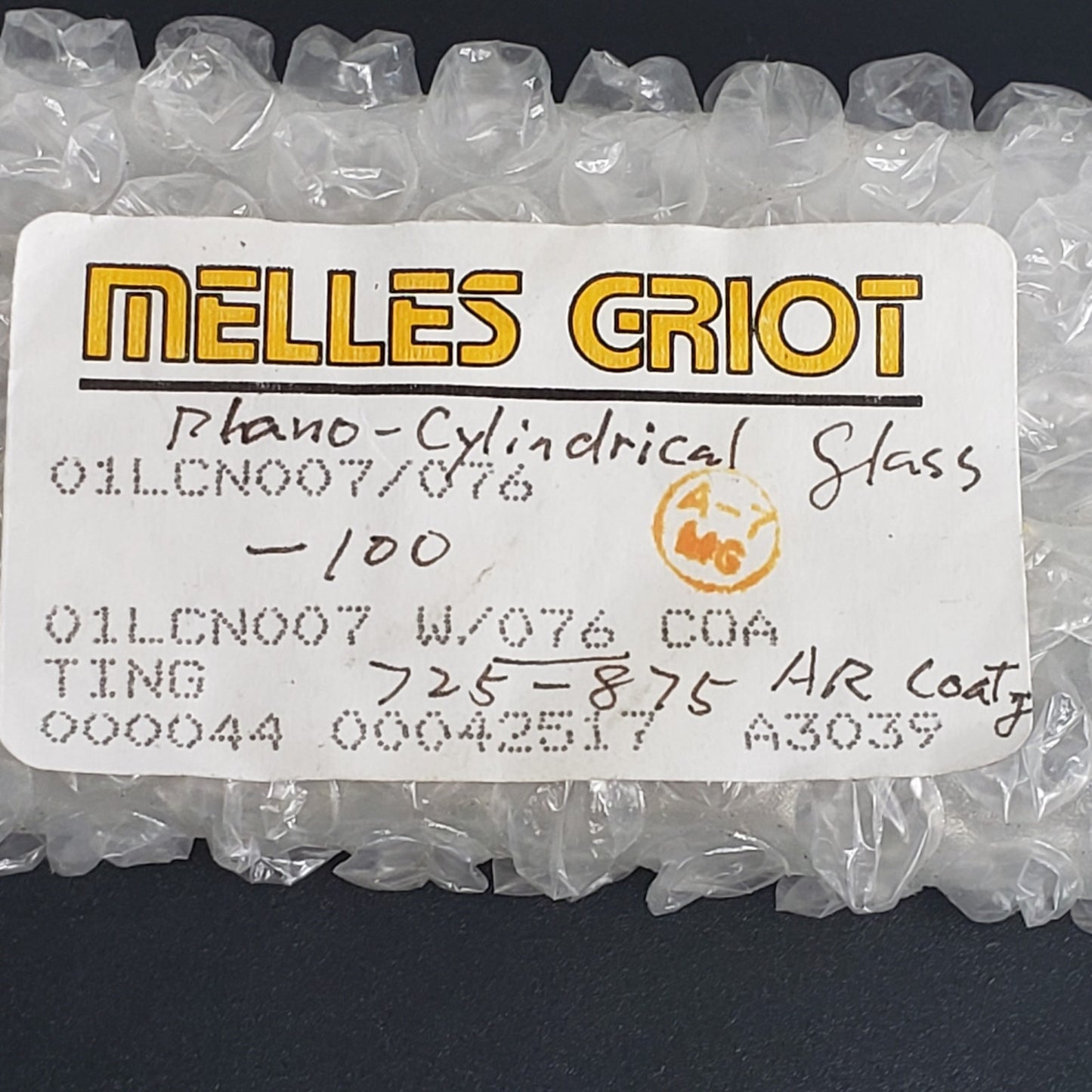 Melles Griot 01CN007/076 Optical Plano Cylindrical Glass COA AR Coating 725-875