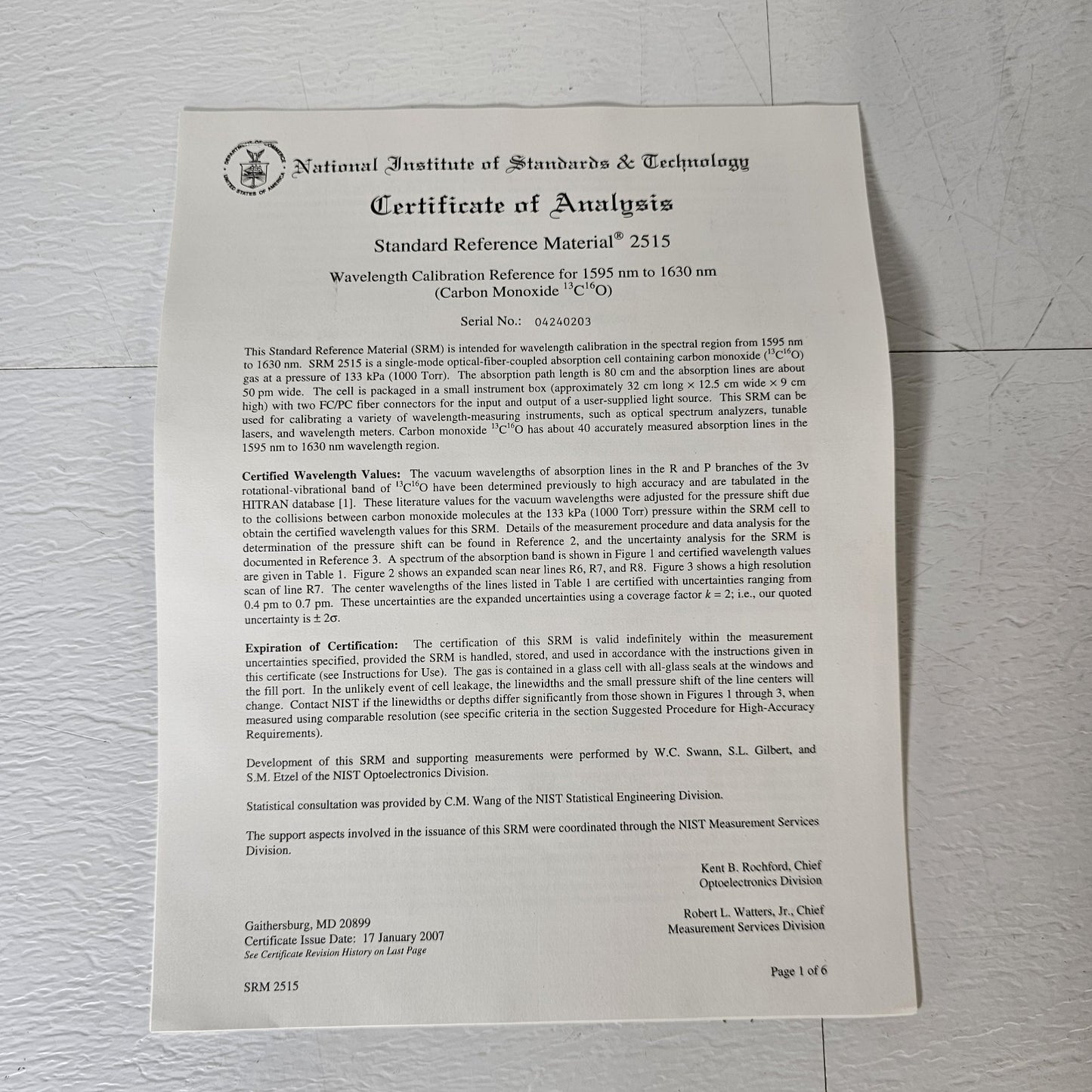 NIST SRM-2515 Wavelength Calibration Reference 1595-1630nm Carbon Monoxide Lines
