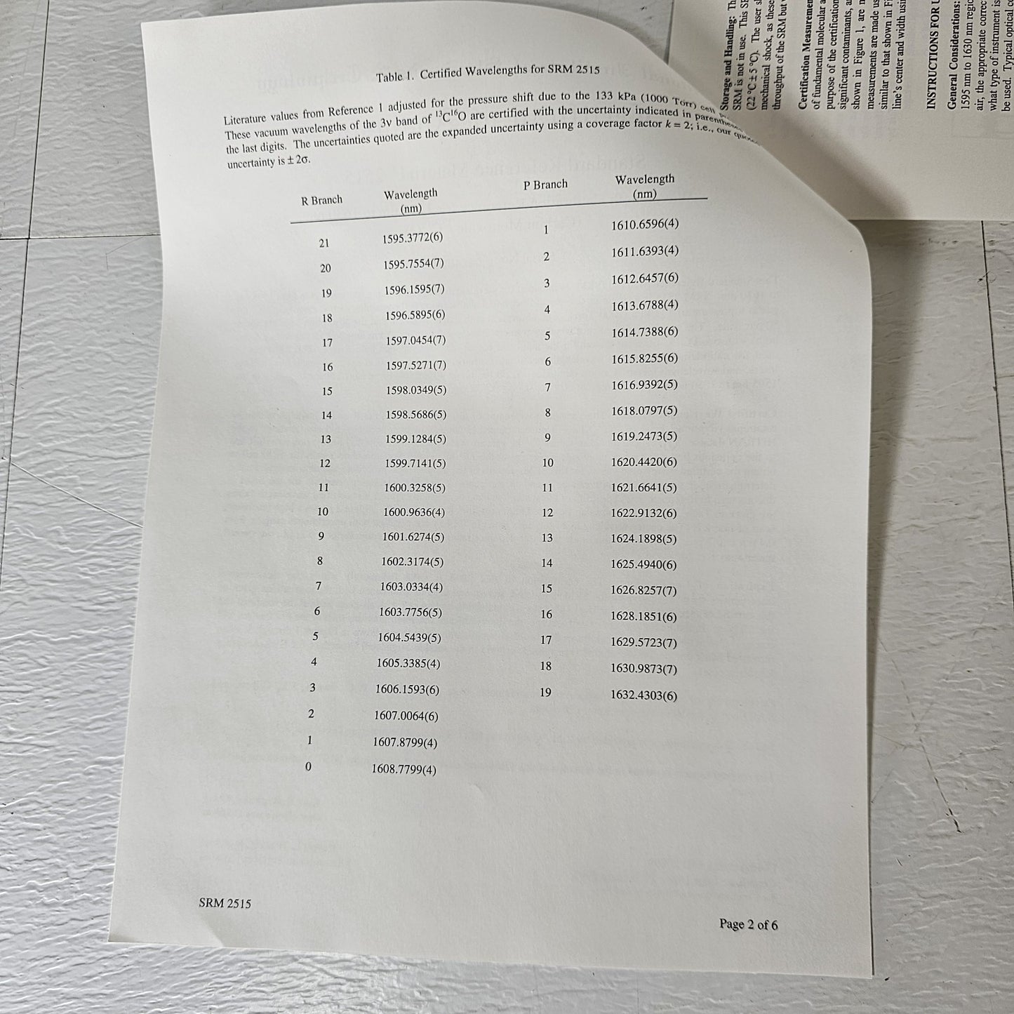 NIST SRM-2515 Wavelength Calibration Reference 1595-1630nm Carbon Monoxide Lines