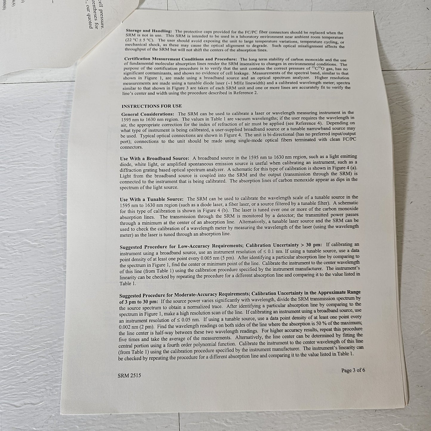 NIST SRM-2515 Wavelength Calibration Reference 1595-1630nm Carbon Monoxide Lines