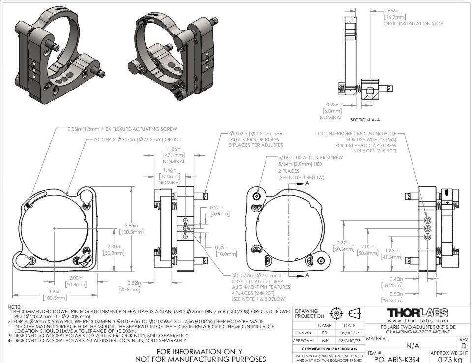 THORLABS K3S4 Polaris 3" Dia Optic Mount, 2 Adjusters High Vacuum Compatible