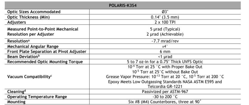 THORLABS K3S4 Polaris 3" Dia Optic Mount, 2 Adjusters High Vacuum Compatible