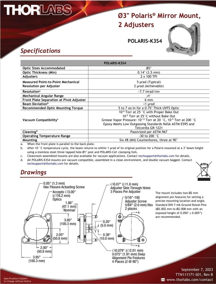THORLABS K3S4 Polaris 3" Dia Optic Mount, 2 Adjusters High Vacuum Compatible