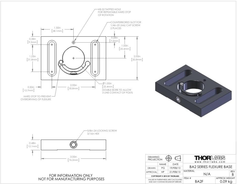 Thorlabs BA2F Flexure Clamping Slotted Base Post Mount 2x3x0.475" Table Clamp