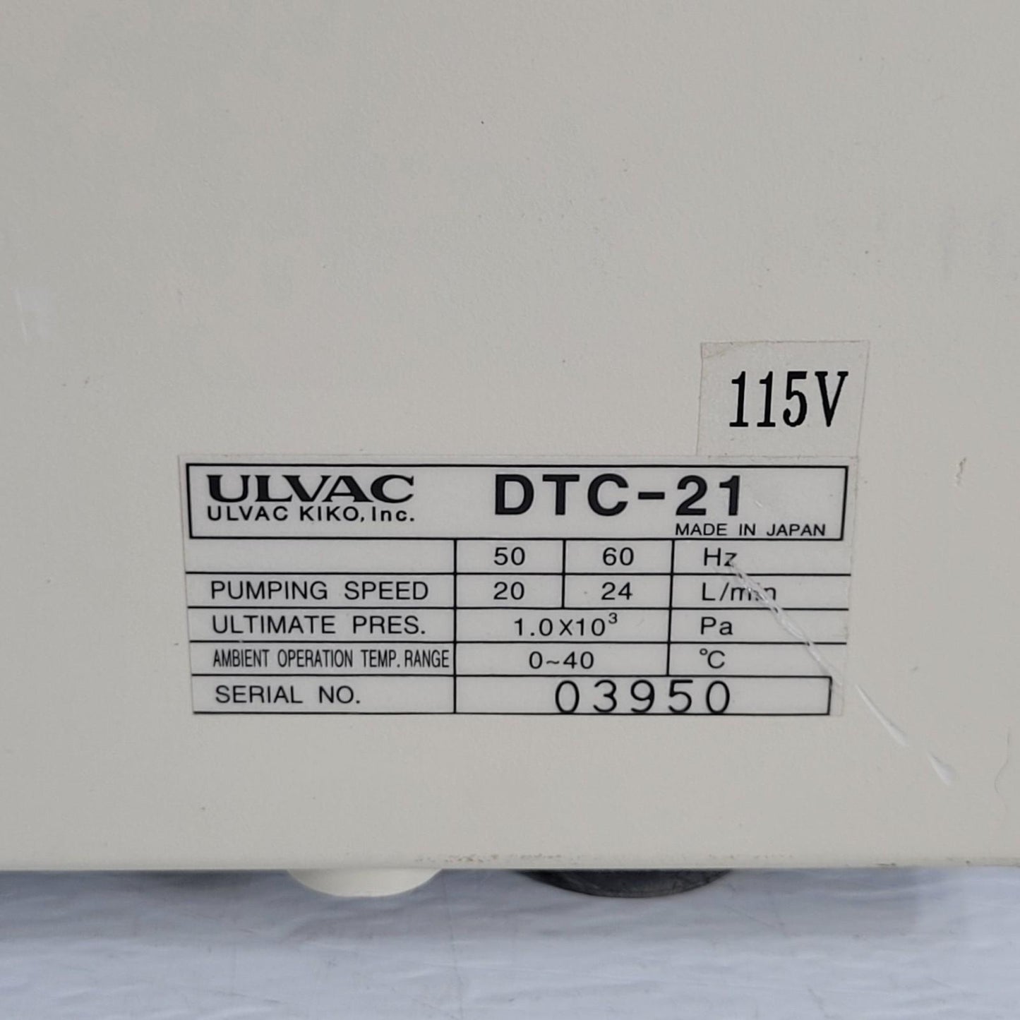ULVAC DTC-21 Chemical Resistant Diaphragm Type Dry Vacuum Pump 24 L/min Speed