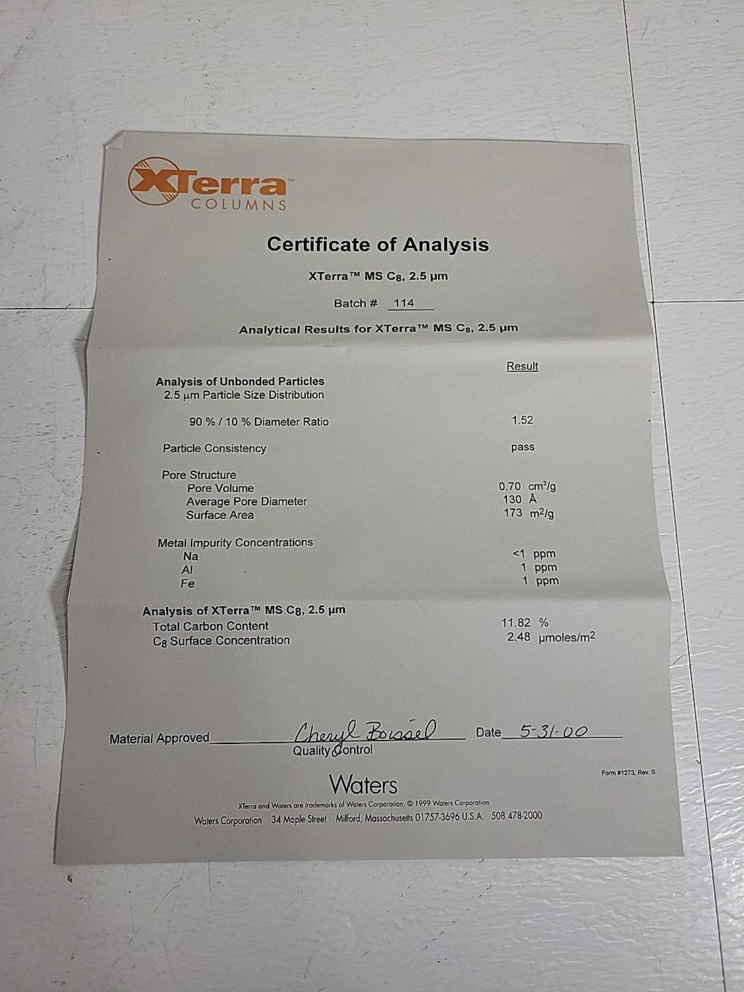 Terra Columns 186000595 Waters XTerra MS C8 2.5 um HPLC 2.1x50mm PolyOctylsilyl