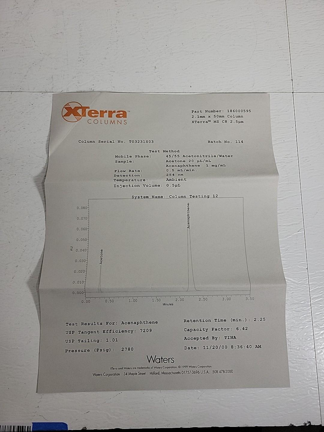 Terra Columns 186000595 Waters XTerra MS C8 2.5 um HPLC 2.1x50mm PolyOctylsilyl