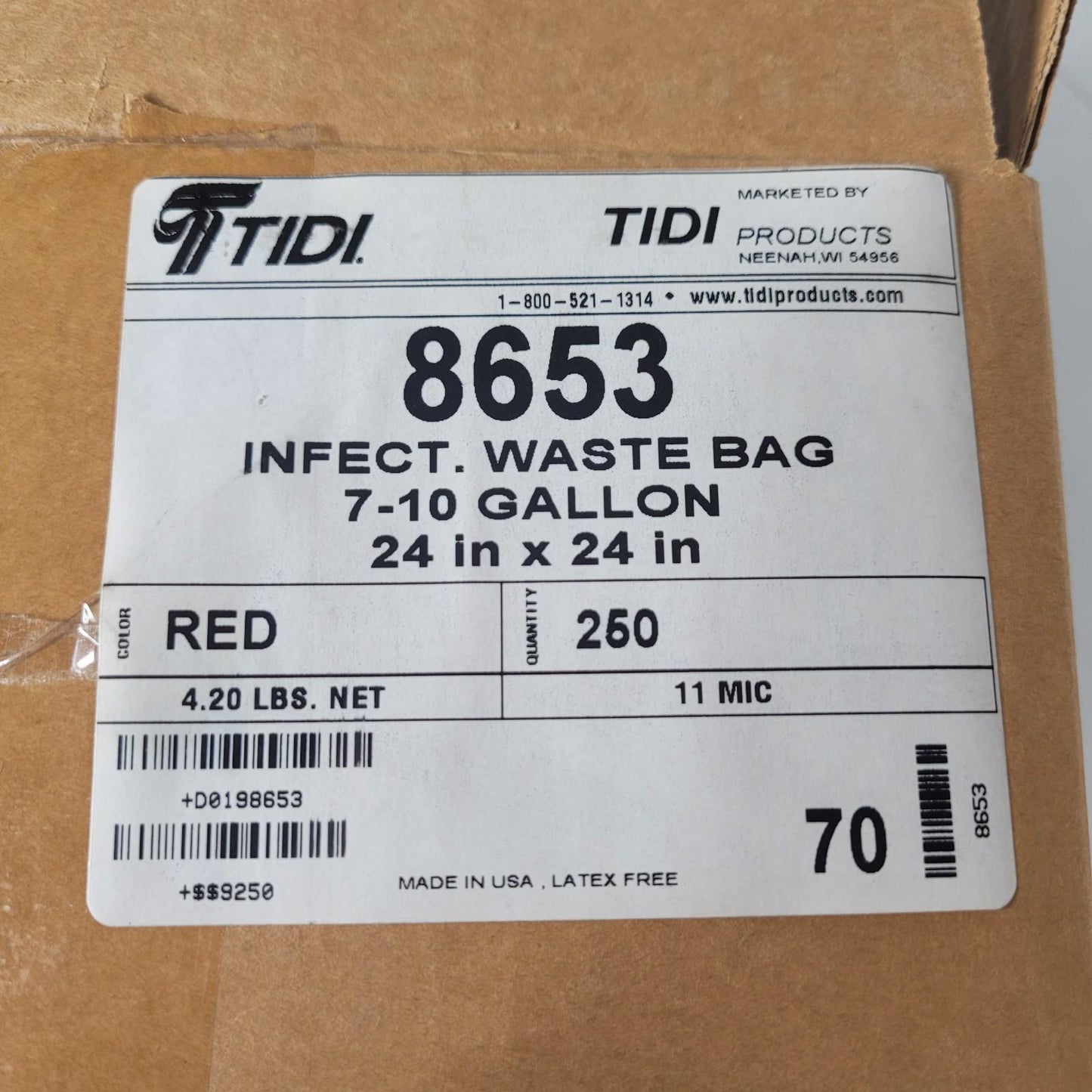 Tidi 8653 Infectious Waste Bag 7-10 Gallon 24"x24" Red Biohazard 150 Ct.