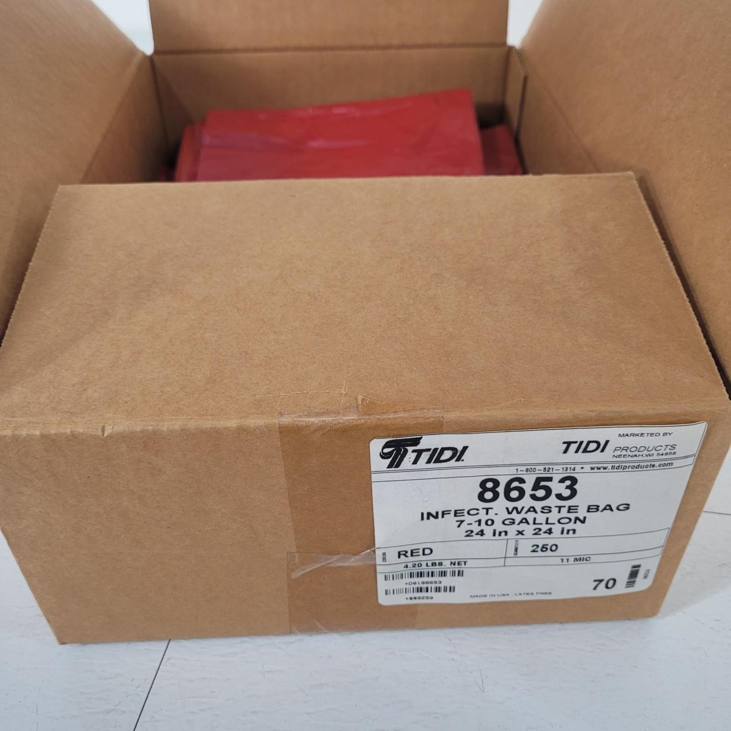 Tidi 8653 Infectious Waste Bag 7-10 Gallon 24"x24" Red Biohazard 150 Ct.