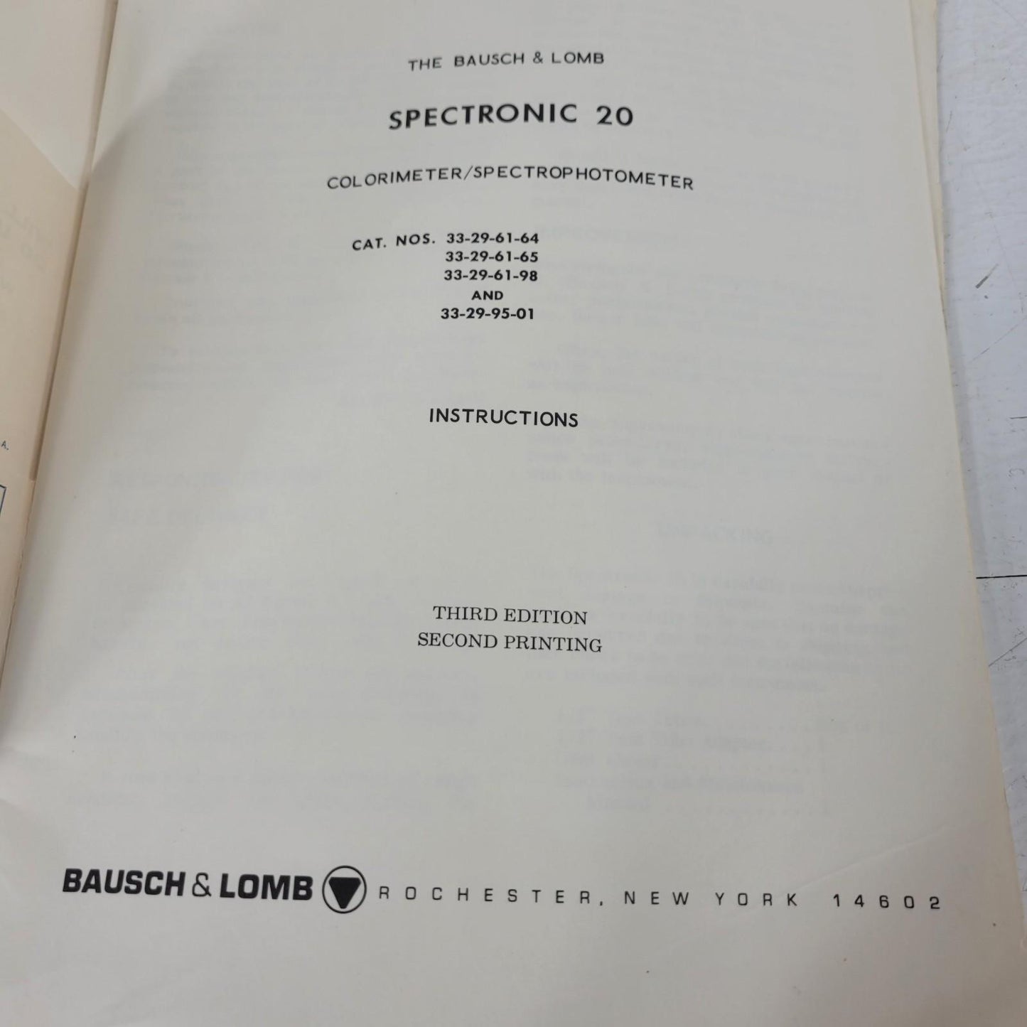 Vintage Bausch & Lomb Spectronic 20 Spectrophotometer Manual Third Edition
