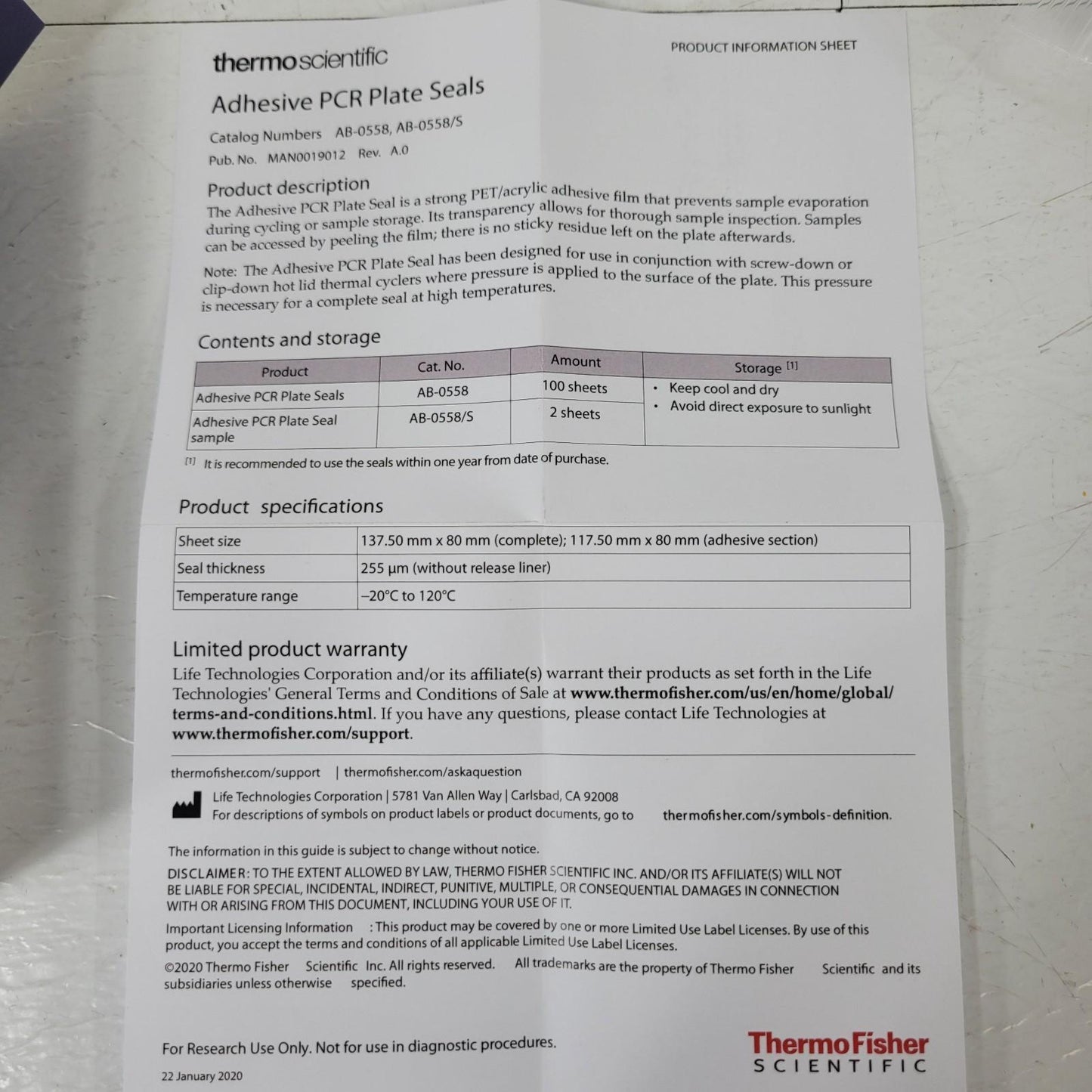 Thermo Scientific AB-0558 Adhesive PCR Plate Seals 100 Sheets Molecular Biology