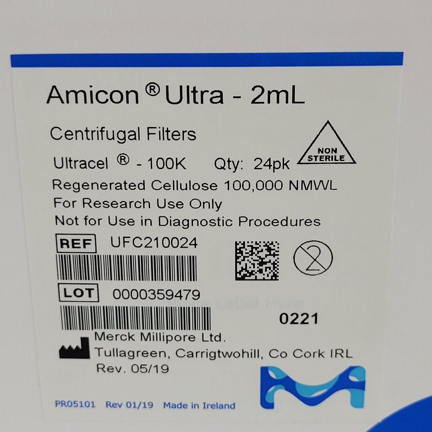Millipore UFC210024 Amicon Ultra 2mL Centrifugal Filters Ultracel-100K 19 ct