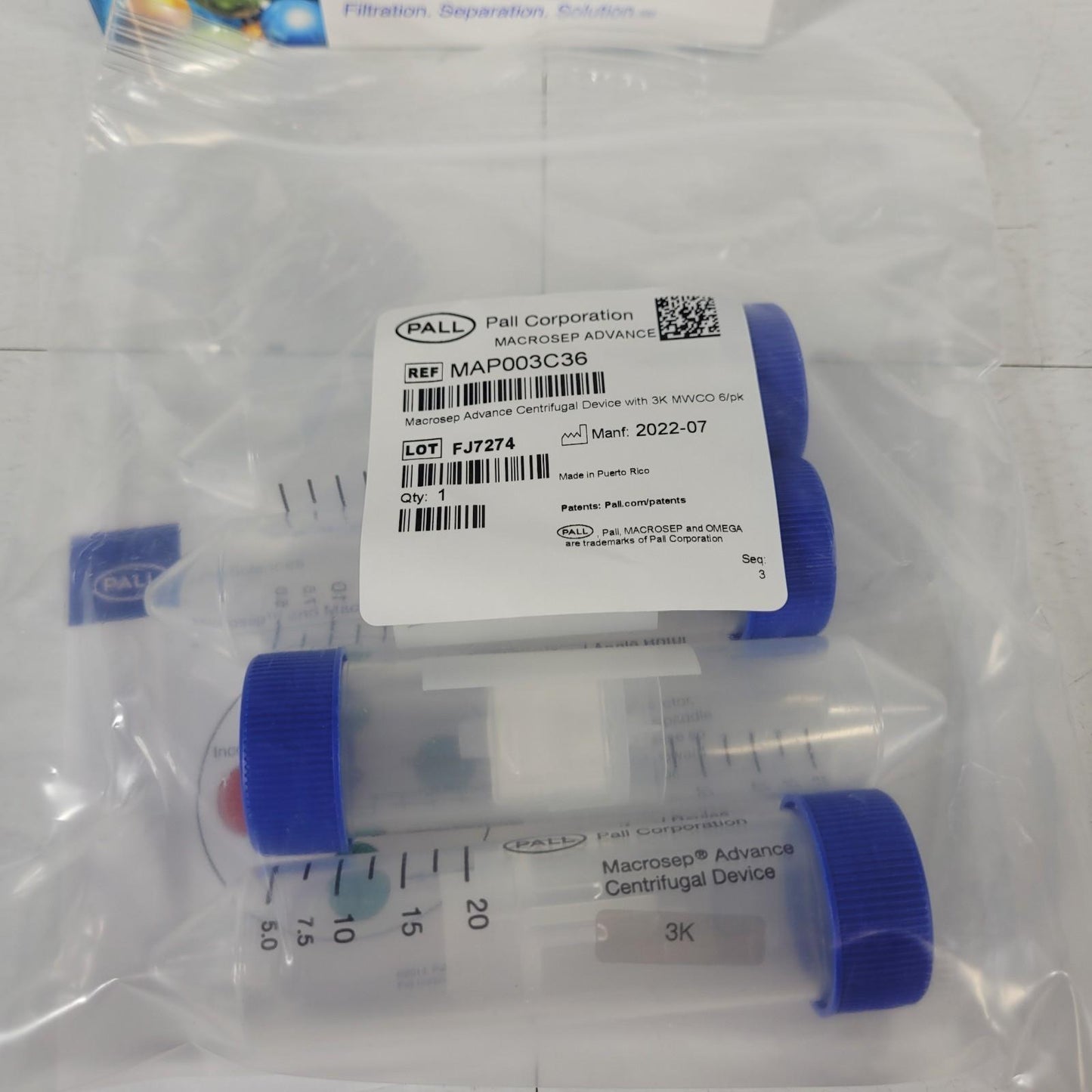 Pall MAP003C36 Macrosep Advance Centrifugal Devices w/ 3K MWCO 5-20 mL 4 Ct
