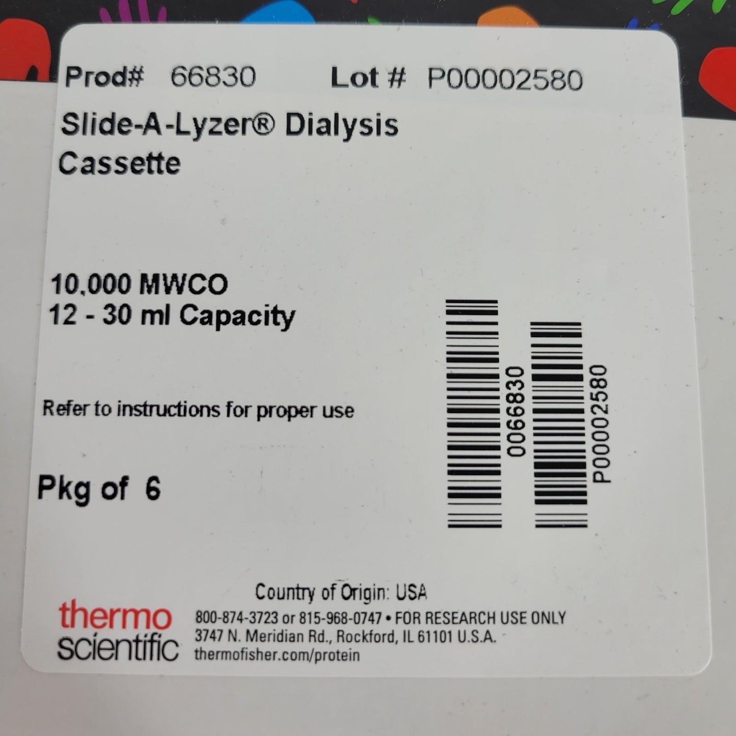 Thermo Fisher 66830 Slide-A-Lyzer Dialysis Cassette 10,000 MWCO 12-30 ml 6/pkg