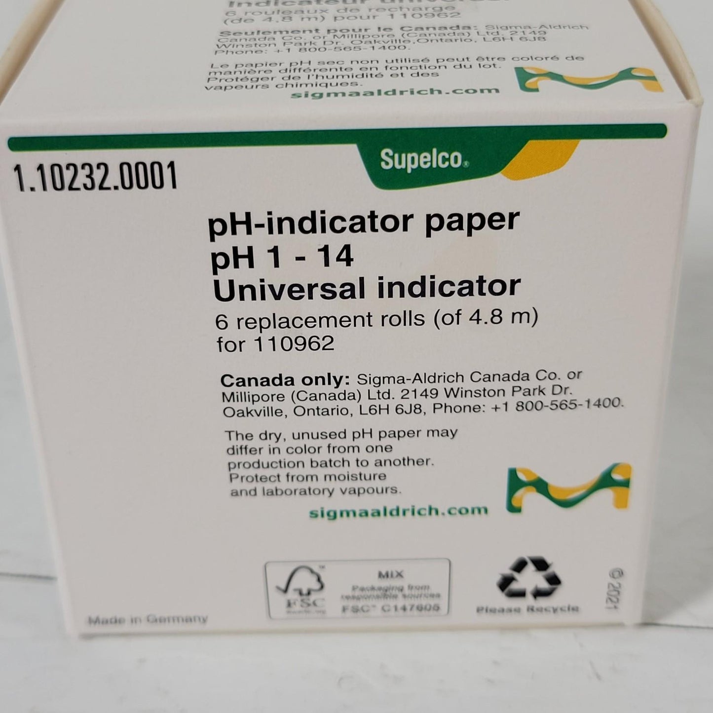 Supelco 1.10232.0001 pH-indicator Paper pH 1-14 Universal Indicator Rolls 4.8m