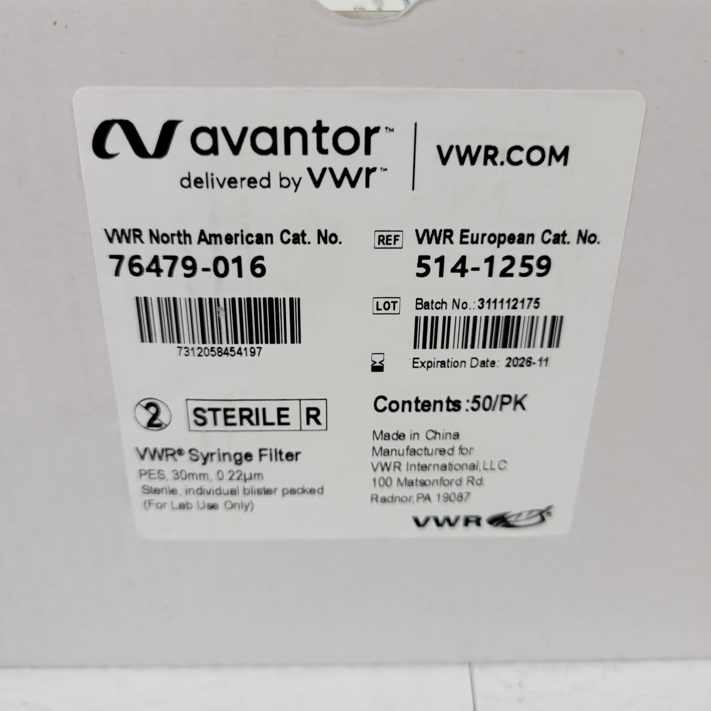 50 Pack Avantor VWR 76479-016 Syringe Filter PES 30mm 0.22μm Sterile 514-1259