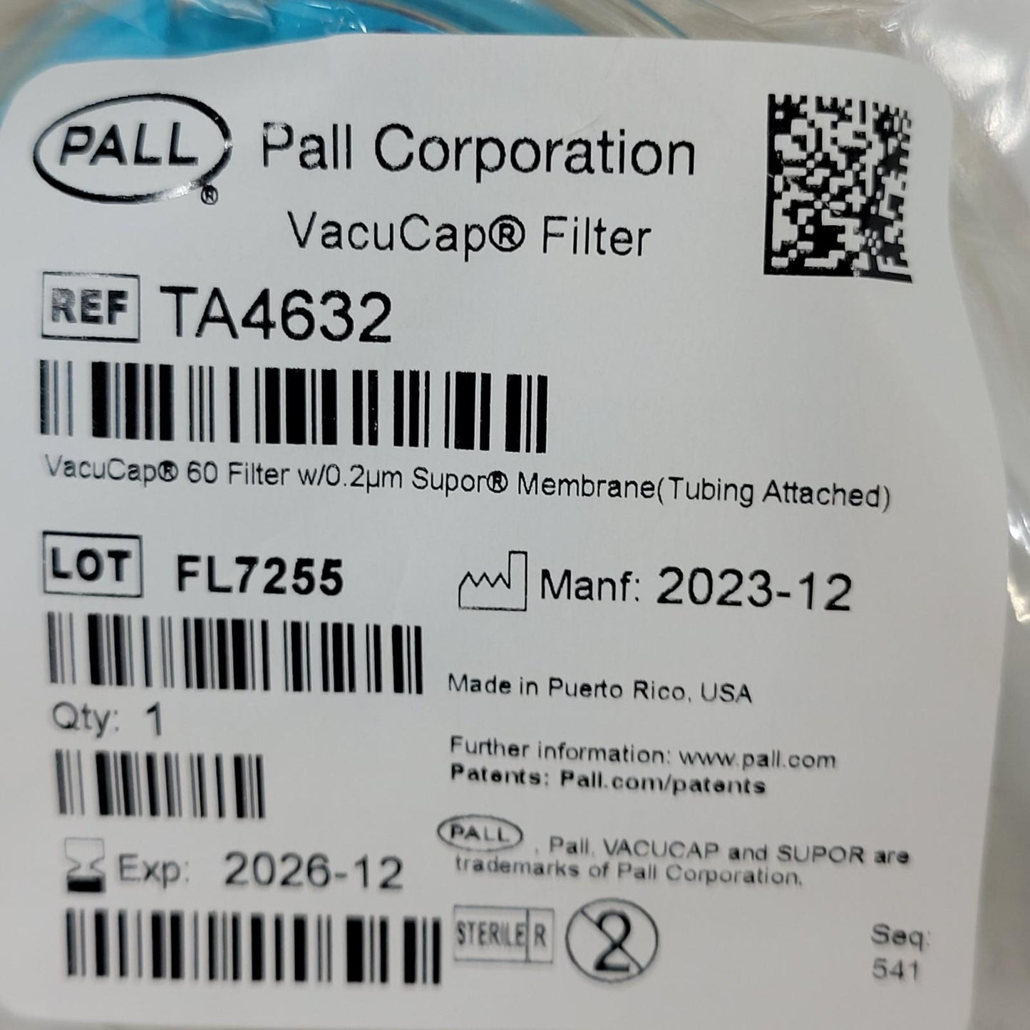 8-Pack Pall TA4632 VacuCap 60 Filter 0.2µm Supor Membrane Tubing Attached
